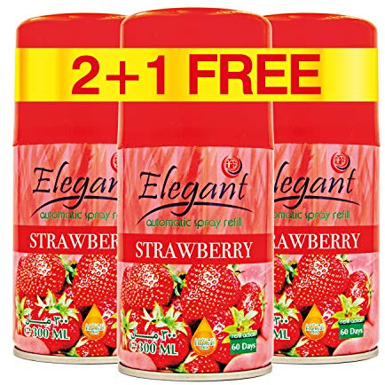Elegant Automatic Air Freshener Spray - Sweet Strawberry 3-Pack 300ML Refills - Odour Neutraliser With Essential Oils for Bathroom, Offices & Home
