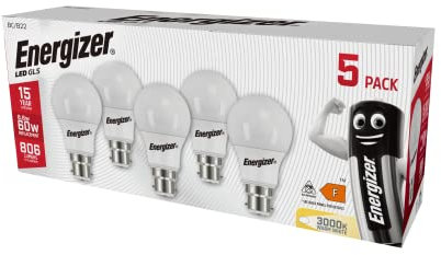 Energizer Bayonet Light Bulb 60w, B22 LED Bulbs Warm White 3000K, Energy Saver Bulb, 806 Lumen, Non-Dimmable, Pack of 5