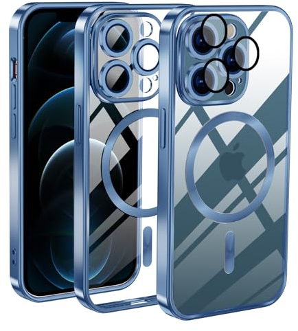Cover Magnetica per iPhone 12 Pro, Custodia Compatibile con MagSafe, Protezione Antiurto di Livello Militare Telefono Silicone [Copertura della fotocamera], Blu Trasparente