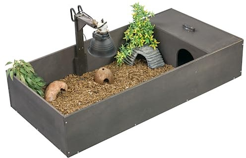 KCT Large Black Tortoise Table Reptile Vivarium Cage Hide with Open Run and Lamp Arm