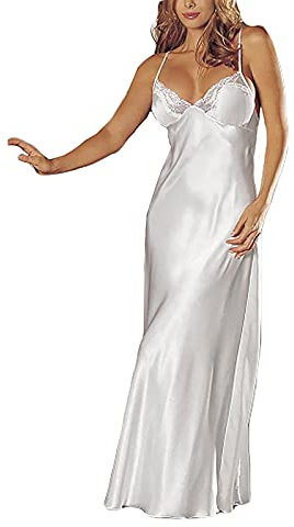DUHGBNE Robe de soirée pour femme Sous-vêtements longs en satin sexy Babystones Sous-vêtements Jupe de nuit Dentelle Body Sexy, Blanc., M