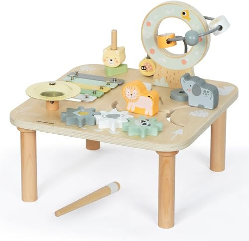 mamabrum 7in1 Holz Aktivitätstisch - Lern- und Spieltisch mit Tiermotiven, Drehelementen, Klangspielen - Montessori Motorik Spielset für Kinder ab 9 Monaten