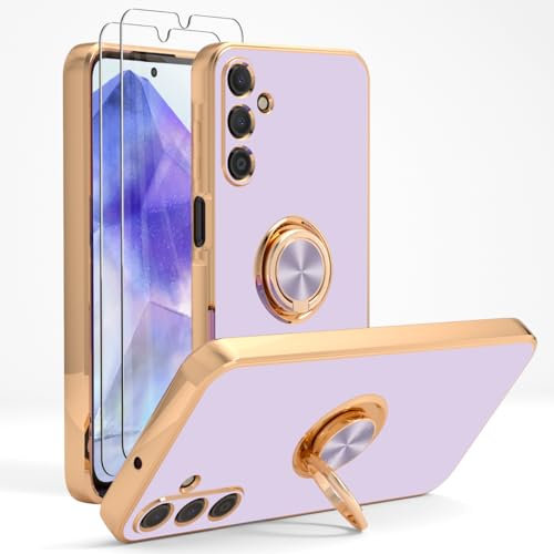 YIRSUR Case Compatible with Samsung Galaxy A55 with 2 Pack Screen Protector, with Ring Holder Plating Rose Gold Edge 360° Kickstand Cover Slim Soft Flexible TPU Protective for Galaxy A55-Purple
