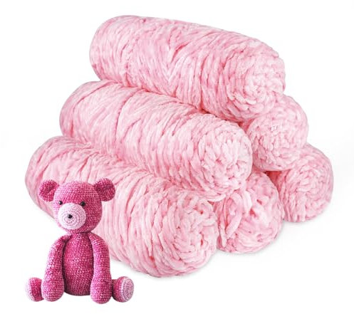 Crochet Yarn Chunky Yarn for Crochet Chunky Wool for Knitting 100g Balls x 6 Chenille Yarn Wool for Crochet Kits for Beginners Adults for Handmade Crafts Hats Blankets Scarves(Pink, 6pcs-600g)