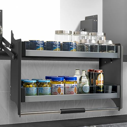KJHYYPP Hängendes Küchenschrank-Regal zum Herunterziehen, 2-stöckig, faltbar, verschiebbar unter dem Regal für die Aufbewahrung von Gewürzen, 55,9 x 27,9 x 55,9 cm (26.2)