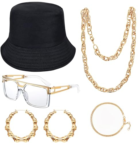 Goenb 80s 90s Accessories Outfit, Hip Hop Kostüm Kit Rapper Accessoires Rapper Sonnenbrille Fake Gold Kette Hip Hop Accessoires für Frauen Männer (Schwarz)