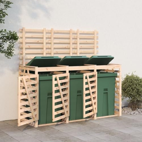 Bulliing Triple Wheelie Bin Storage Solid Wood Pine,Garden Wheelie Bin Hideaway Waste Bin,Storage Shed w/Locking Doors Assisted lift up Lid easy use Outdoor Hygienic Dustbin Unit Cover Steel with Door