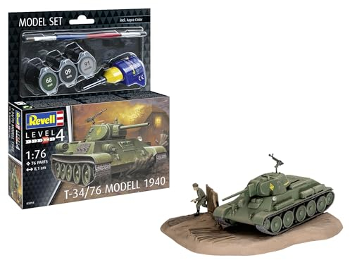 Revell Modellbausatz T-34/76 Modell 1940 | Legendärer sowjetischer Panzer | Drehbarer Turm & Vinylkette | Zubehör inkl. Kleber und Pinsel