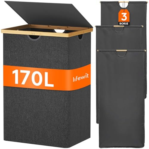Lifewit 170L Bambus Wäschekorb mit Deckel, Faltbar Wäschesammler 3 Fächer Wäschesortierer mit Abnehmbarem Wäschesack Bambus Griffen Wäschebox Laundry Baskets für Waschküche, Schlafzimmer, Schwarz