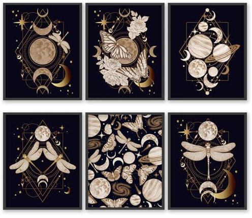 Abstrakte Leinwanddrucke, Boho goldene Farben, esoterische Alchemie, mystische Magie Poster, Halbmond, Sonne, Sterne Wanddekoration 11x14 Zoll Ungerahmt