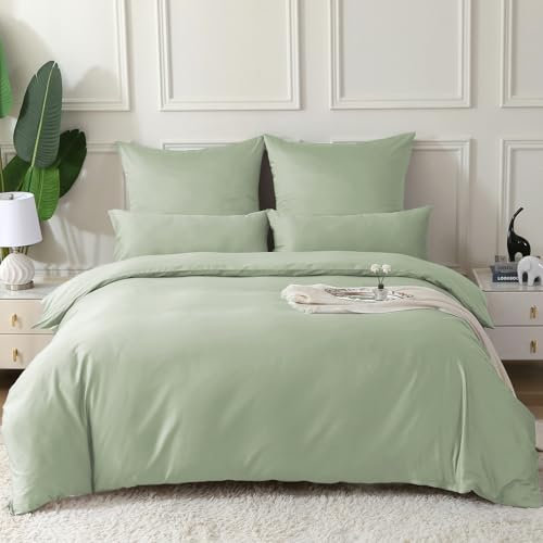 SOULFUL Satin Bettwäsche 200x200 Baumwolle,100% Langstapelige Baumwolle Seidig Luxus Bettzeug, ÖkoTex Zertifiziert & für Allergiker Geeignet, 1 Bettbezug 200x200 & 2 Kissenbezug 80x80,SalbeiGrün