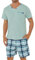 Leversic Zweiteiliger Schlafanzug Herren Kurz Baumwolle mit Karierter V-Ausschnitt, Shorty Pyjama Herren Set Sommer Nachtwäsche Pajamas for Männer, 287-Blaugrün, 3XL