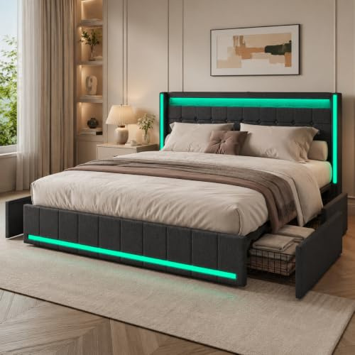WOBOPCG Polsterbett Doppelbett 140x200,Stauraumbett mit Lattenrosten 4 Schubladen Bett 140x200 mit Lattenrost mit Aufladen USB und Licht Stauraumbetten Bettgestell (dunkelgrau Stil-A)