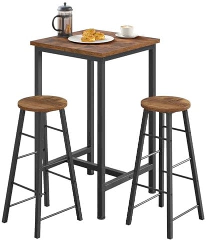 WOLTU Bartisch mit Barhocker Set, Stehtisch mit 2 Hockern, Essgruppe aus Metallgestell, Küchentisch mit Küchenstühlen, Küchentisch klein, Runde Barhocker, Rustikales Braun + Schwarz
