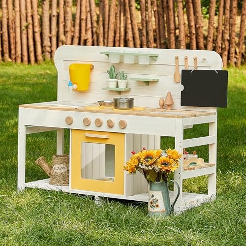Giant bean Mud Kitchen for Kids Outdoor, Deluxe Wooden Toy Play Kitchen Set for Boys and Girls Ages 3-8 Indoor & Outdoor Activities, with Sand and Water Sink, Blackboard and Kitchen Accessories