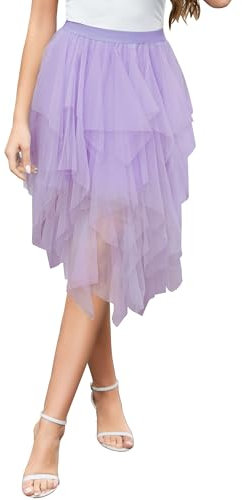 Wikoan Jupe Tulle Femme Midi-Longue Jupe en Tutu Taille Élastique Asymétrique Plissée Robe pour Daily Party Mariage Carnaval Halloween Jupes Violet Clair M