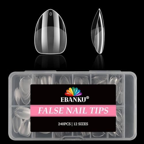 240PCS Extra Short Almond Nail Tips, EBANKU Pre-shape Half Matte Clear Press on Nails Acrylic Full Cover False Nail Extension Clear Gelly Fake Nails for Women Girls Manicure Salon DIY, 12 Sizes
