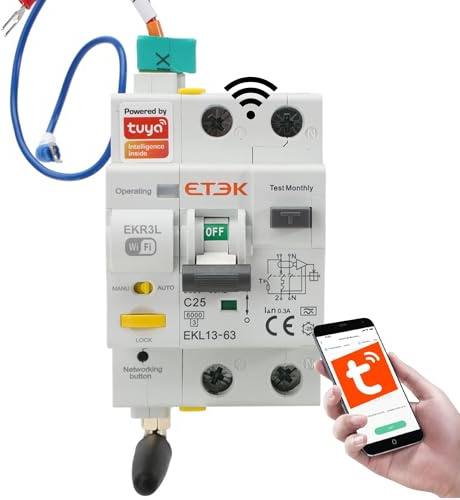 Interruttore Magnetotermico Differenziale WiFi 2P 25A 300mA Tipo A | Cavi inclusi, controllo remoto WiFi, riarmo automatico, protezione magnetotermica e differenziale, alta immunità