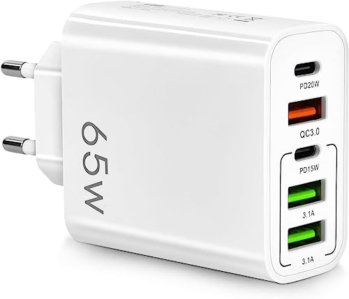 AXFEE USB C Ladegerät, 65W Multi Schnellladegerät, 5 Ports Mehrfach Ladegerät mit Type-C und USB-A, PD 3.0 Power Adapter Type-c Netzteil, für iPhone 16 15 14 Pro Max 13 Samsung, Weiß