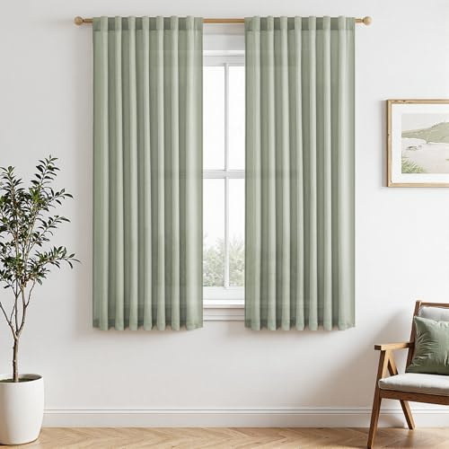 MRTREES Gardinen Halbtransparent Kurz Fenster Vorhang Leinenoptik mit Stangendurchzug H 145 x B 140 cm, Leinen Vorhänge Salbeigrün 2er Set für Küche Wohnzimmer Schlafzimmer Kinderzimmer