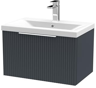 Balterley Vanity Unit with Basin Wall Hung, Single Drawer Soft Close with Mid Edge Sink and Handle, Bathroom Vanity Units with Basin, Fluted Front Sink Cabinet - 610 x 390 x 399mm (Dark Grey)