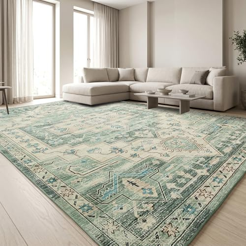 Aspire Homeware Machine Washable Extra Large Sage Green Rugs Living Room 240x320 cm Soft Low Pile Area Rugs For Bedroom, Dining Room, Non Slip Carpet for Kids Room Vintage Design Boho Rug, Ember