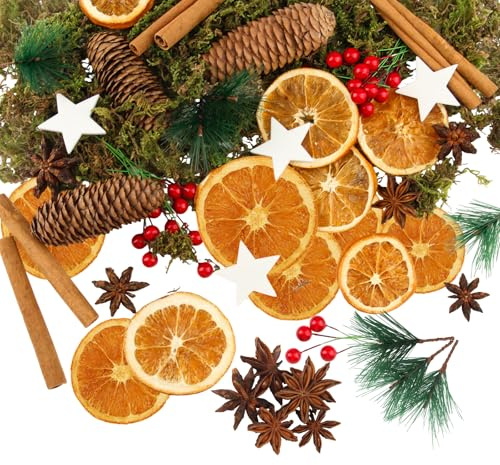 119 Stück Weihnachtskranz Deko Potpourri Weihnachten Weihnachtsdeko Adventskranz mit Tannenzapfen Zimtstangen Getrocknete Orangenscheiben Sternanis Beeren Tannenzweige Juteschnur Moos Pentagramm
