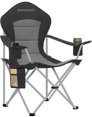 SONGMICS Sedia da Campeggio, Sedia Pieghevole e Portatile con Seduta Ampia, Schienale Alto, con Portabicchiere, Supporto per Cellulare, Organizzatore in Tessuto, Nero e Grigio GCB005BH01