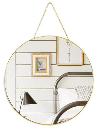 Numjeg Wall-Mounted Vanity Mirrors Hanging Rope Mirror Gold Round Lanyard Mirror Bedroom Circular Decorative Bathroom Living Room Home Decor 30CM