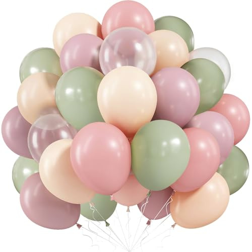 Luftballons Rosa Grün, 60 Stück Luftballons Salbeigrün Rosa Orange Pastell | Latex Helium Ballons Transparent Green Pink, Dschungel Safari Geburtstag Babyparty Hochzeit JGA Baby Shower Party Dekoration