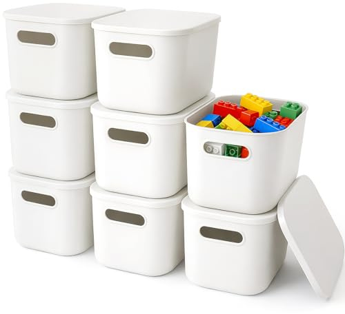 MSYU 8 Pcs White Storage Bins with Lids, Stackable Storage Container for Organizing, Storage Boxes with Handle for Shelves, Cute Storage Bin for Craft, Snacks, 25x17.5x14.5cm