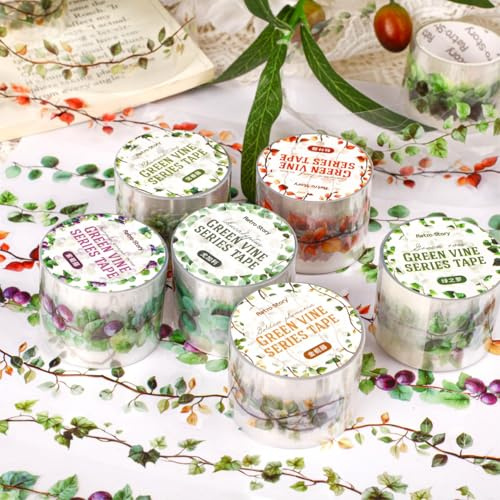 Kesari 6 Rolls PET Washi Tape Sticker Zubehör,Pflanzen Vine Thema Aufkleber Scrapbook Stickers Tape Für DIY Bullet Journals,Fotoalbum,Computer Und Scrapbooking(Green Vine)