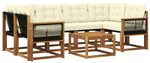 vidaXL Outdoor-Sofagarnitur mit Kissen 7 pcs Natur und Creme, Moderne Garten-Sofa-Garnitur, Robustes Akazienholz, Bequeme Terrasse, stilvolle Couch zum Entspannen
