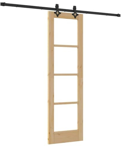 mtlskopl Set completo per porta scorrevole, 61 x 198,5 cm, sistema di porta scorrevole in legno massello di pino e vetro, porta interna salvaspazio con sistema a binari, set di guarnizioni e ruote