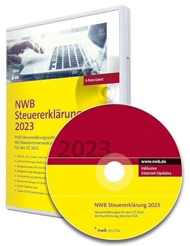 NWB Steuererklärung 2023 - 5-Platz-Lizenz: Profi-Steuererklärungssoftware. Für den VZ 2023. Mit Buchführung 2024 für EÜR. 7 Jahre Elster-Schnittstellen-Support. CD-Version.