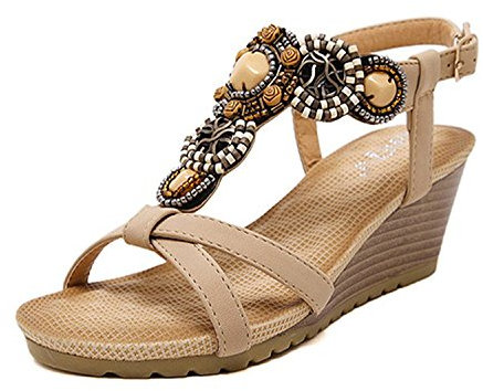 YOUJIA Femmes Casual Bout Ouvert Bride Cheville Boucle Romain Sandales Compensé (Abricot, EU 34)