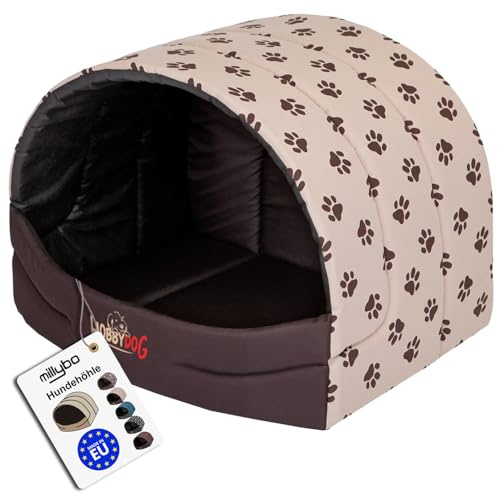 millybo Hundehütte Hundehöhle Hundebett Hundehaus S-XL (R1 (45 x 33 cm), beige mit Muster (Pfötchen))