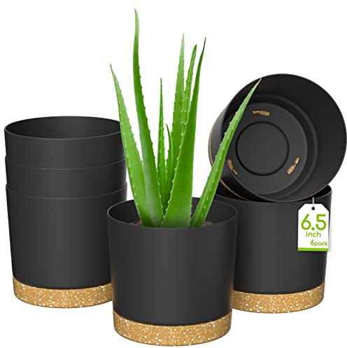 ZMTECH 16.5cm Plant Pots, Modern Planters with Drainage Holes and Detachable Saucer, Plastic Flower Pots for Plants for House Garden Windowsill (Set of 6, Dark Grey)