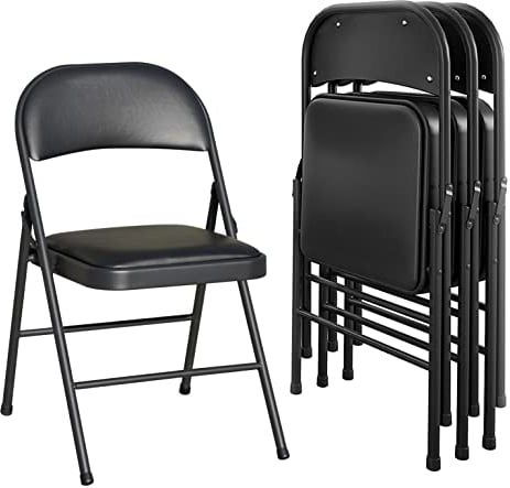 KAIHAOWIN Klappstühle 4er-Set, Platzsparend Faltstuhl 46 x 46 x 75cm, Schreibtischstuhl für Zuhause Büro, Gepolstert Gäste Stuhl 140 kg belastbar, Kunstleder Klappstuhl mit PU Sitz, Schwarz