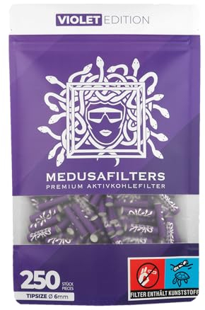 Medusafilters 250 Stück 6mm Ø Slim Premium Aktivkohlefilter mit veganen Fasercaps & Kokos Aktivkohle | Filter mit 25mm Länge made in Germany (VIOLET EDITION)