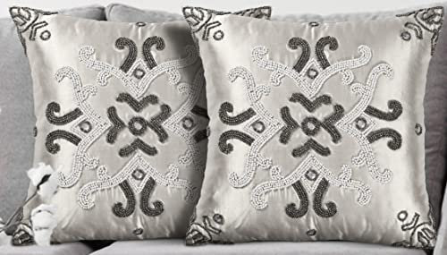 Homebia Designs Handgefertigter Kissenbezug mit Perlen, 40,6 x 40,6 cm, 2er-Set, wunderschöner, eleganter und dekorativer Kissenbezug für Bett, Wohnzimmer, Sofa, Couch, Gunmetal Ivory