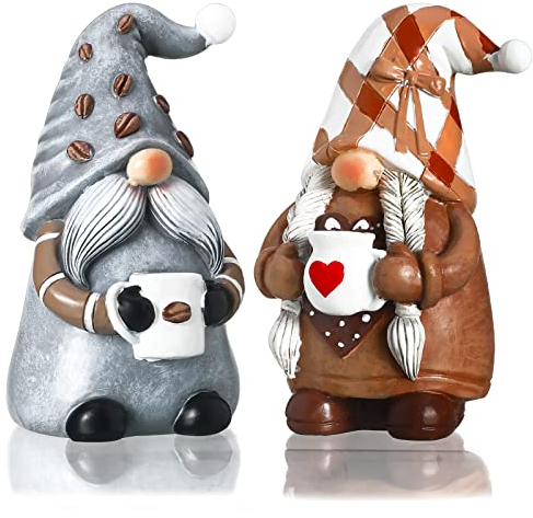 2 Pack Coffee Gnomes Coffee Bar Decor Accessories Christmas Swedish Tomte Gnomes Resin Gnome Figurines Tiered Tray Collectible Tabletop Kitchen Decorations for Home Kitchen Farmhouse Office
