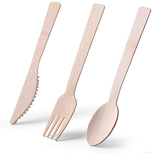 Cubiertos de bambú,100 unidades: 50 tenedores, 25 cucharas, 25 cuchillos, 6.7 pulgadas, juego de cubiertos desechables de bambú 100% biodegradables, desechable, cuchillo de cuchara