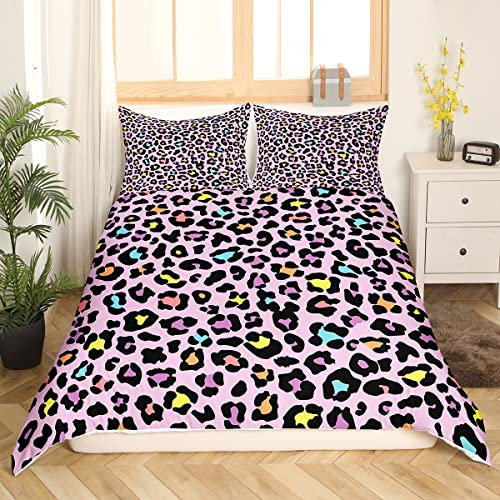 Homewish Pink Leopard Duvet Cover Double Rainbow Cheetah Print Bedding Set For Kids Girls Cute Kawaii Comforter Cover Woodland Animal Printed Bedding Microfiber All-Season Quilt Cover No Comforter