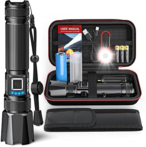GEARLITE LED Taschenlampe Extrem Hell, 12000 Lumen Taschenlampe LED Aufladbar 5 Modi, IP65 Wasserdicht taktische Taschenlampe Batteriebetrieben für Camping Outdoor Notfall Powerbank (inkl. Batterien)