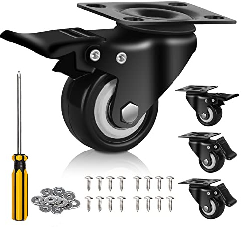 2 Inch Casters Wheels with Brakes, Polyurethane PU Wheels Set of 4 | Double Bearing, Castor, Smooth, Silent Industry, Floor-Friendly, Steel&Polyurethane, Dual Locking, Workbenches/Carts