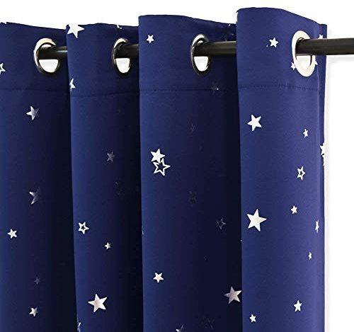 PONY DANCE Kids Blue Blackout Curtains for Bedroom - Noise Reducing Thermal Insulated Ring Top Short Foil Printed Star Curtains with Eyelet for Boys Children, 66 x 54 Drop Inch, 2 Panels