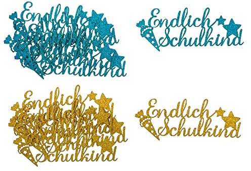 Oblique Unique® Endlich Schulkind Konfetti Groß Glitzernd für Schuleinführung Einschulung Schulanfang Jungs und Mädchen Streudeko Tischdeko (Gold + Türkis)
