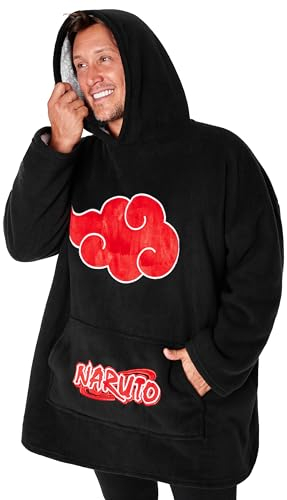 Naruto Übergroße Herren Hoodie Decke mit Ärmeln Oversized Kapuzenpullover Tragbare Decken Geschenke (Schwarz/Rot)