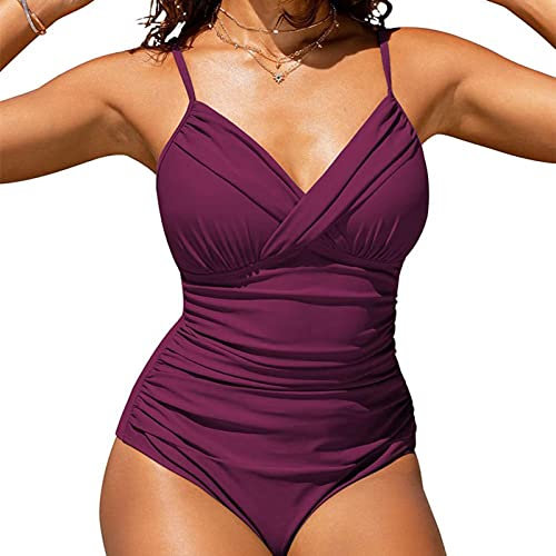 Bañador Mujer Reductores Vientre Plano Push up Elegante Traje de Baño con Aros Cuello en V Ajustables Tipo Sling Control de Barriga Pecho Grande Bañadores Mujer Verano Despedida Soltera Rojo Talla XL